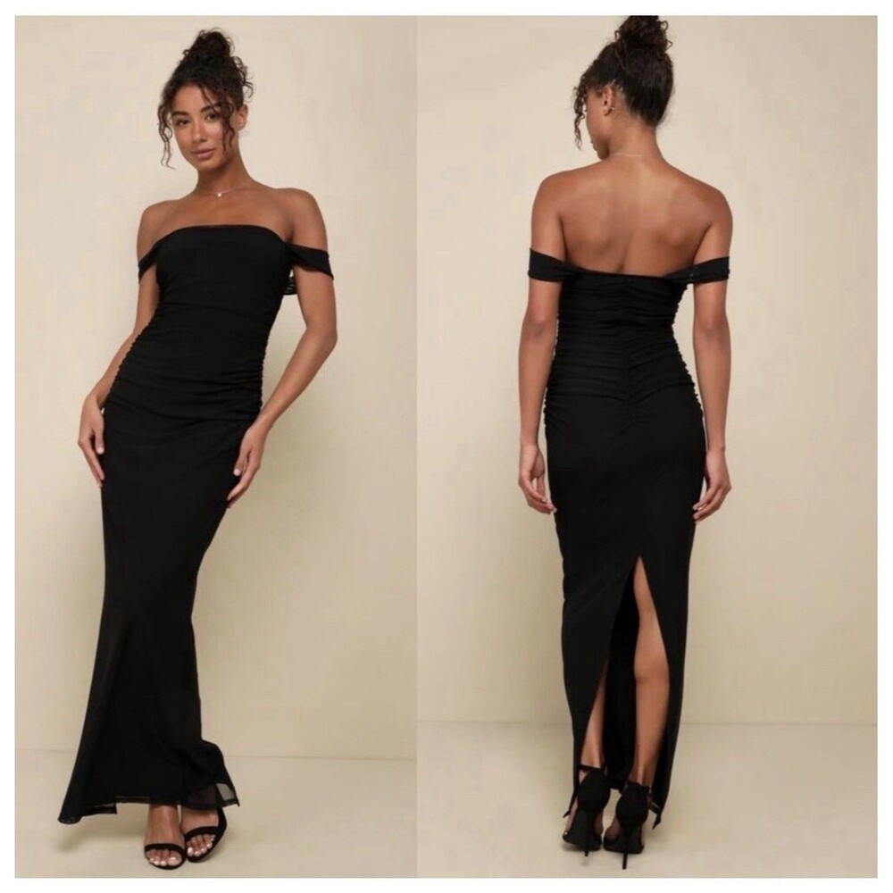 Lulus Amazing Presence Black Mesh Ruched Column Maxi Dress Gala Banquet Small